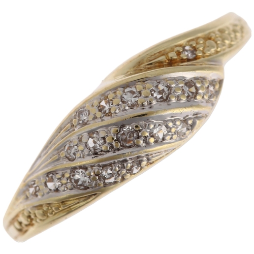 1292 - A 14ct gold diamond crossover band ring, pave set with single-cut diamonds, setting height 6mm, size... 