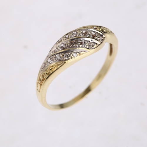 1292 - A 14ct gold diamond crossover band ring, pave set with single-cut diamonds, setting height 6mm, size... 