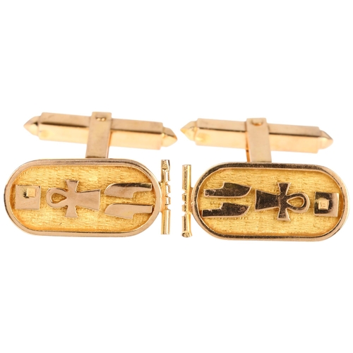 1296 - A pair of Egyptian gold hieroglyphics cufflinks, 22.7mm, 13.8g