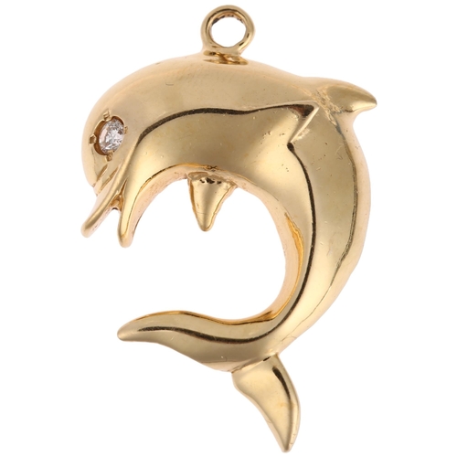 1300 - A 14ct gold diamond figural dolphin pendant, 33.7mm, 5.6g