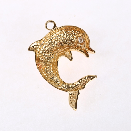 1300 - A 14ct gold diamond figural dolphin pendant, 33.7mm, 5.6g