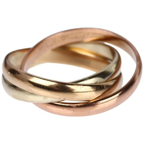 1303 - A 9ct three-colour gold triple band ring, maker WGP Ltd, London 1988, size J, 4.4g