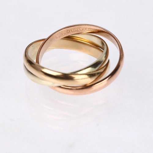 1303 - A 9ct three-colour gold triple band ring, maker WGP Ltd, London 1988, size J, 4.4g