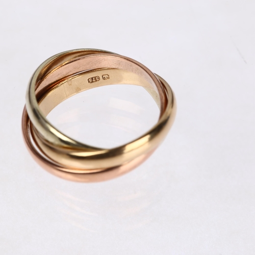 1303 - A 9ct three-colour gold triple band ring, maker WGP Ltd, London 1988, size J, 4.4g