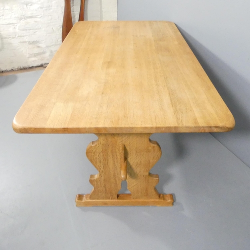 2004 - A mid-century Danish oak trestle dining table with pegged construction and drawer under in the manne... 