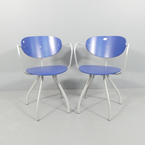 2006 - A pair of contemporary open arm desk chairs, with painted bend ply seats and backs on metal frame.