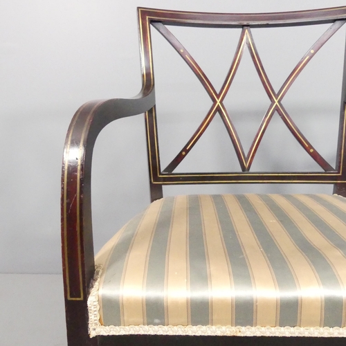 2021 - A pair of mid-century mahogany and brass line inlaid open arm or desk chairs.