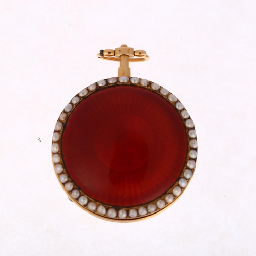 1081 - A 19th century French 18k gold red enamel and split pearl key-wind fob watch, circa 1860, white enam... 