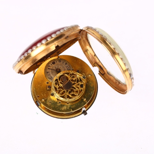 1081 - A 19th century French 18k gold red enamel and split pearl key-wind fob watch, circa 1860, white enam... 