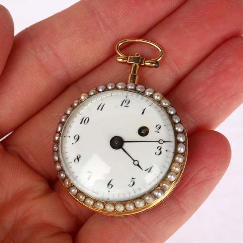 1081 - A 19th century French 18k gold red enamel and split pearl key-wind fob watch, circa 1860, white enam... 