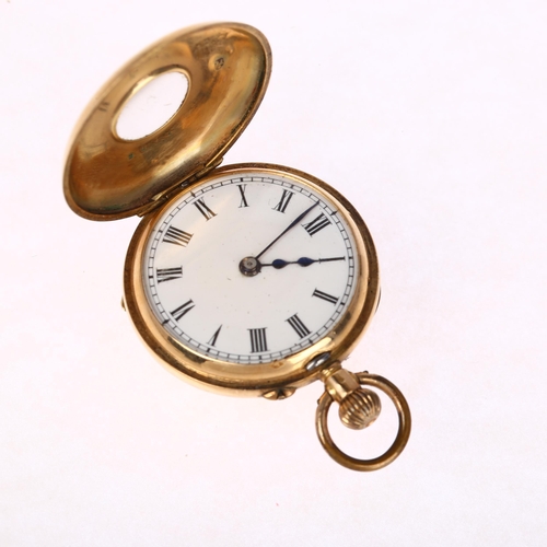 1084 - A Swiss 14ct gold and enamel half hunter keyless fob watch, white enamel dial with Roman numeral hou... 