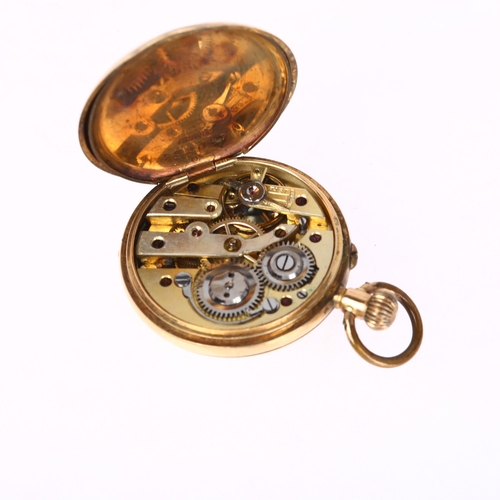 1084 - A Swiss 14ct gold and enamel half hunter keyless fob watch, white enamel dial with Roman numeral hou... 