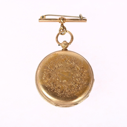 1085 - A Swiss 14ct gold open-face key-wind fob watch, floral engraved gilded dial with Roman numeral hour ... 