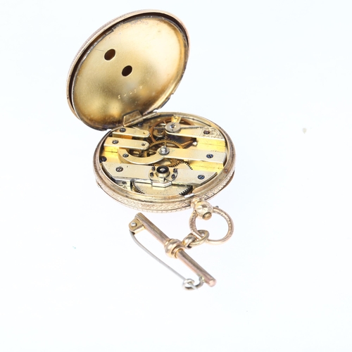 1085 - A Swiss 14ct gold open-face key-wind fob watch, floral engraved gilded dial with Roman numeral hour ... 