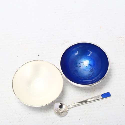 1697 - 2 Danish modernist sterling silver and enamel salt cellars and single spoon, makers include Volmer B... 