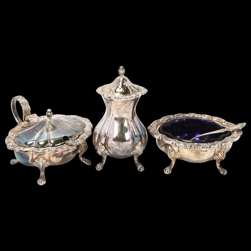 1698 - An Elizabeth II silver 3-piece cruet set, maker LGS, London 1978, comprising mustard pot with spoon,... 