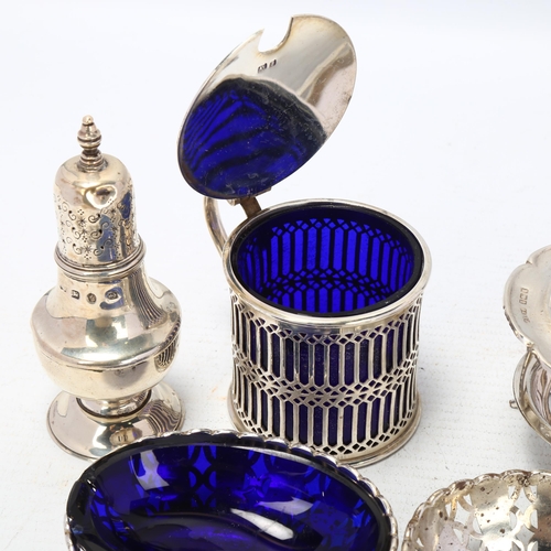 1700 - Various silver and plate, including mustard pot with blue glass liner, pepperette etc, 4.8oz weighab... 