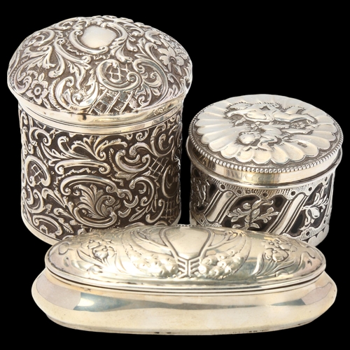 1701 - 3 silver dressing table boxes, including Art Nouveau peacock jewel box, Birmingham 1901, and tortois... 