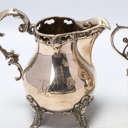 1702 - An Edwardian silver 2-handled sugar bowl, and a German silver cream jug, height 9cm, 7.9oz total (2)