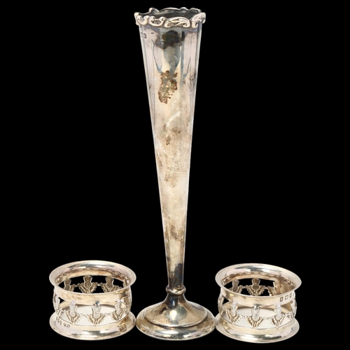 1703 - A Mappin & Webb silver bud vase, and pair of silver thistle napkin rings, vase 16.5cm (3)