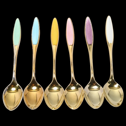 1713 - FRIGAST - a set of 6 Danish vermeil sterling silver and harlequin enamel coffee spoons, 9.5cm