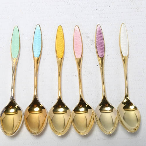 1713 - FRIGAST - a set of 6 Danish vermeil sterling silver and harlequin enamel coffee spoons, 9.5cm