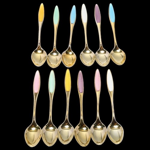 1714 - FRIGAST - a set of 12 Danish vermeil sterling silver and harlequin enamel coffee spoons, 9.5cm