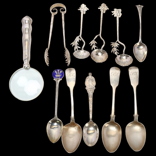 1717 - Various silver, including Chinese export bamboo spoons, Wang Hing sugar tongs, magnifying glass etc,... 