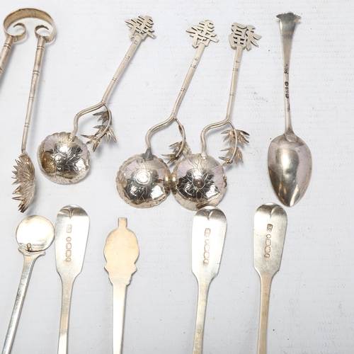 1717 - Various silver, including Chinese export bamboo spoons, Wang Hing sugar tongs, magnifying glass etc,... 