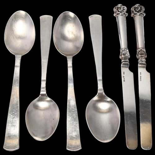 1722 - A set of 4 Swedish silver dessert spoons, and a pair of Swedish silver butter knives, spoon 18cm, 5.... 