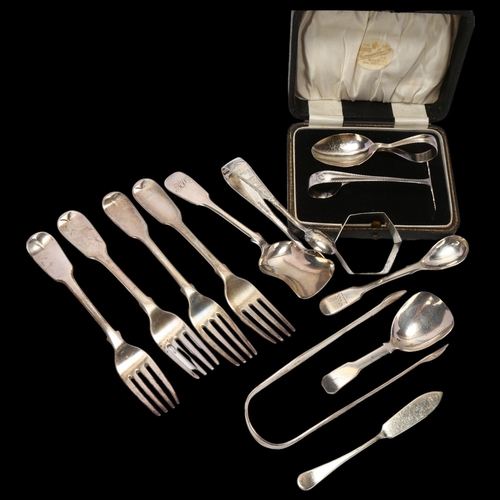 1725 - Various silver flatware, including George III shovel tea caddy spoon, Iraqi niello napkin ring etc, ... 