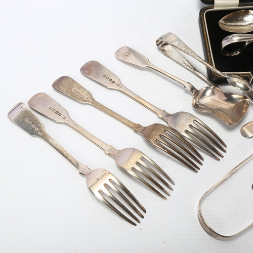 1725 - Various silver flatware, including George III shovel tea caddy spoon, Iraqi niello napkin ring etc, ... 