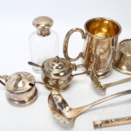 1737 - Various silver and plate, including Christening mug, sugar sifter spoon etc, 4.2oz weighable