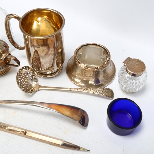 1737 - Various silver and plate, including Christening mug, sugar sifter spoon etc, 4.2oz weighable