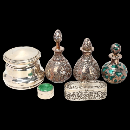 1738 - Various silver, including dressing table box, silver overlaid glass scent bottles, etc, 3.9oz weigha... 