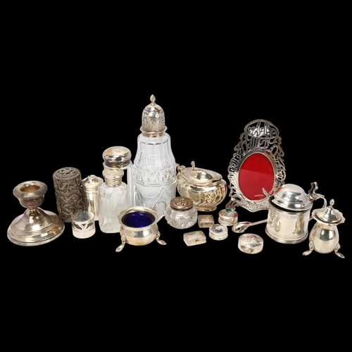 1739 - Various silver, including tankard mustard pot, cruet set, Arabic photo frame, etc, 10.9oz weighable