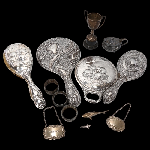 1740 - Various silver, including dressing table hand mirror, brushes, napkin rings, mustard pot etc