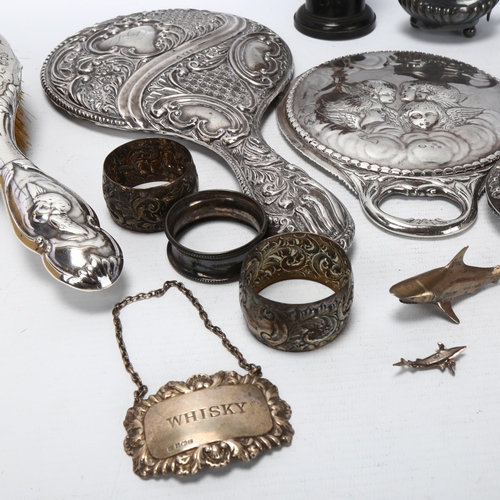 1740 - Various silver, including dressing table hand mirror, brushes, napkin rings, mustard pot etc