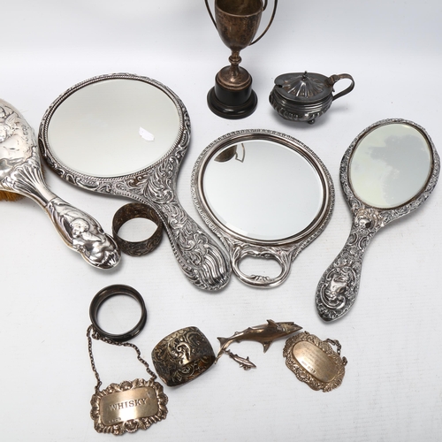 1740 - Various silver, including dressing table hand mirror, brushes, napkin rings, mustard pot etc