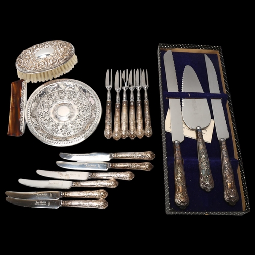 1741 - Various silver, including travelling vanity set, cased set of 6 butter knives, Indian silver dish, e... 