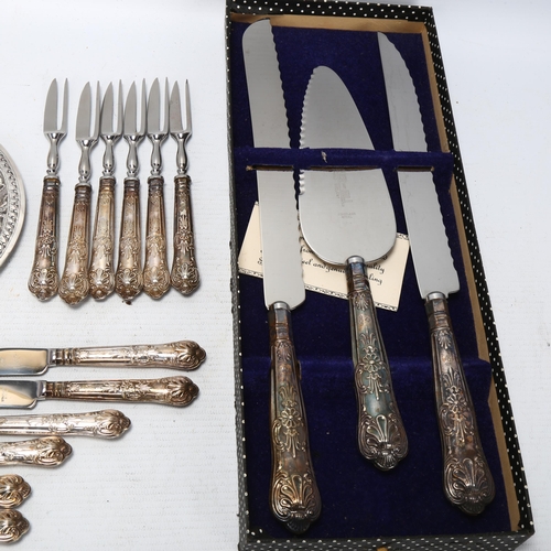 1741 - Various silver, including travelling vanity set, cased set of 6 butter knives, Indian silver dish, e... 