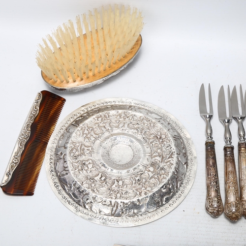 1741 - Various silver, including travelling vanity set, cased set of 6 butter knives, Indian silver dish, e... 