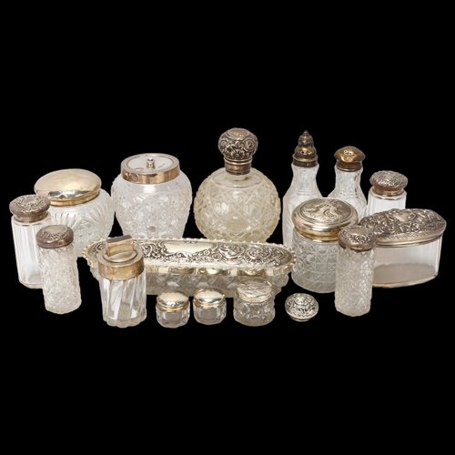 1742 - Various silver, including glass dressing table perfume and powder jars, boxes etc, 8oz weighable