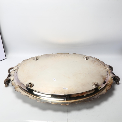 1745 - A large Victorian silver plated 2-handled tea tray, with ebonised handles and grapevine rim, 65cm