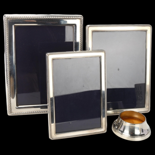 1746 - 3 Elizabeth II silver-fronted strut photo frames, and a small coaster, largest overall 22cm x 17cm (... 