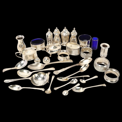 1752 - Various silver, including cruet set, tea strainer, napkin rings etc, 18.5oz weighable