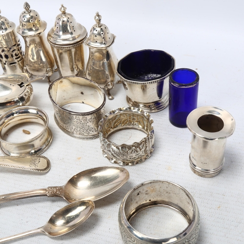 1752 - Various silver, including cruet set, tea strainer, napkin rings etc, 18.5oz weighable