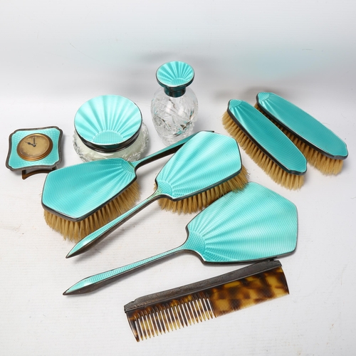 1757 - An Art Deco George V silver and teal enamel 9-piece dressing table set, Daniel Manufacturing Co, Bir... 