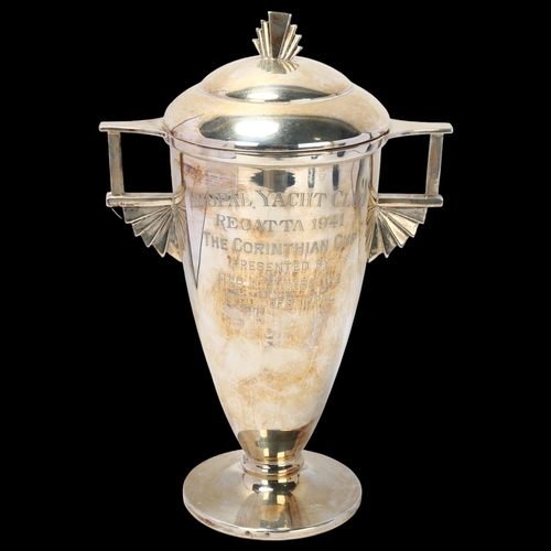 1762 - An Art Deco George V silver 2-handled trophy cup and cover, Joseph Gloster Ltd, Birmingham 1934, Bho... 