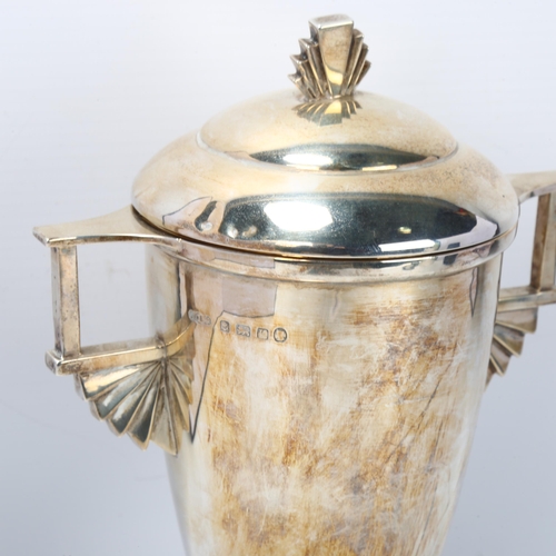 1762 - An Art Deco George V silver 2-handled trophy cup and cover, Joseph Gloster Ltd, Birmingham 1934, Bho... 